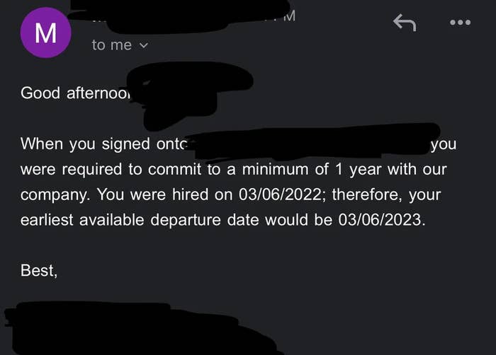 Memo saying that when they were hired, they committed to a minimum of one year with the company