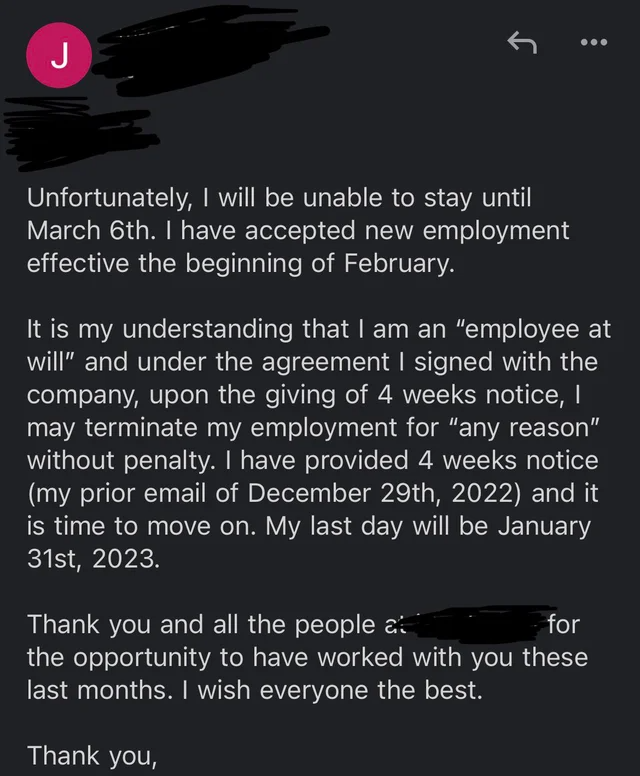 The employee&#x27;s letter saying they will not be able to stay longer