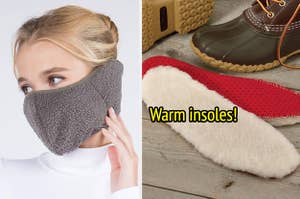 Model wearing gray fleece-lined wrap-around mask and fluffy, warm insoles next to a pair of boots