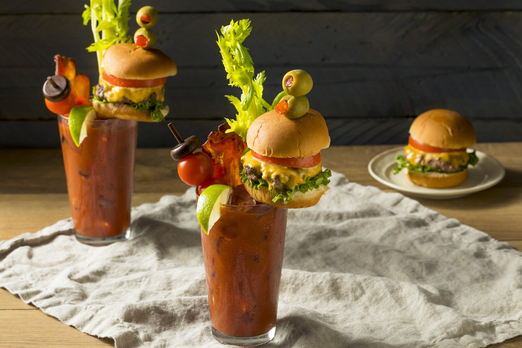 Bloody Marys with cheeseburger garnishes