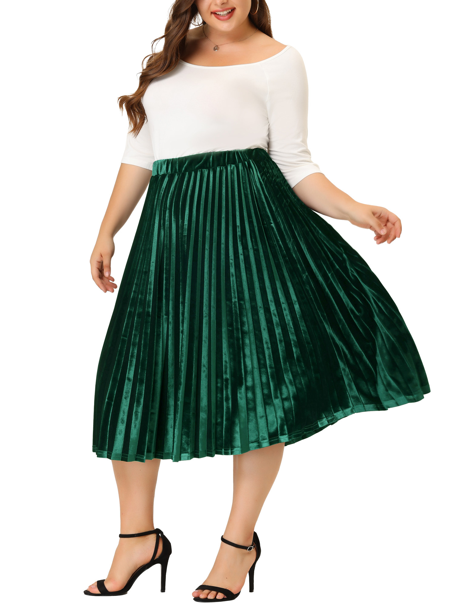 Model wearing the dark green skirt