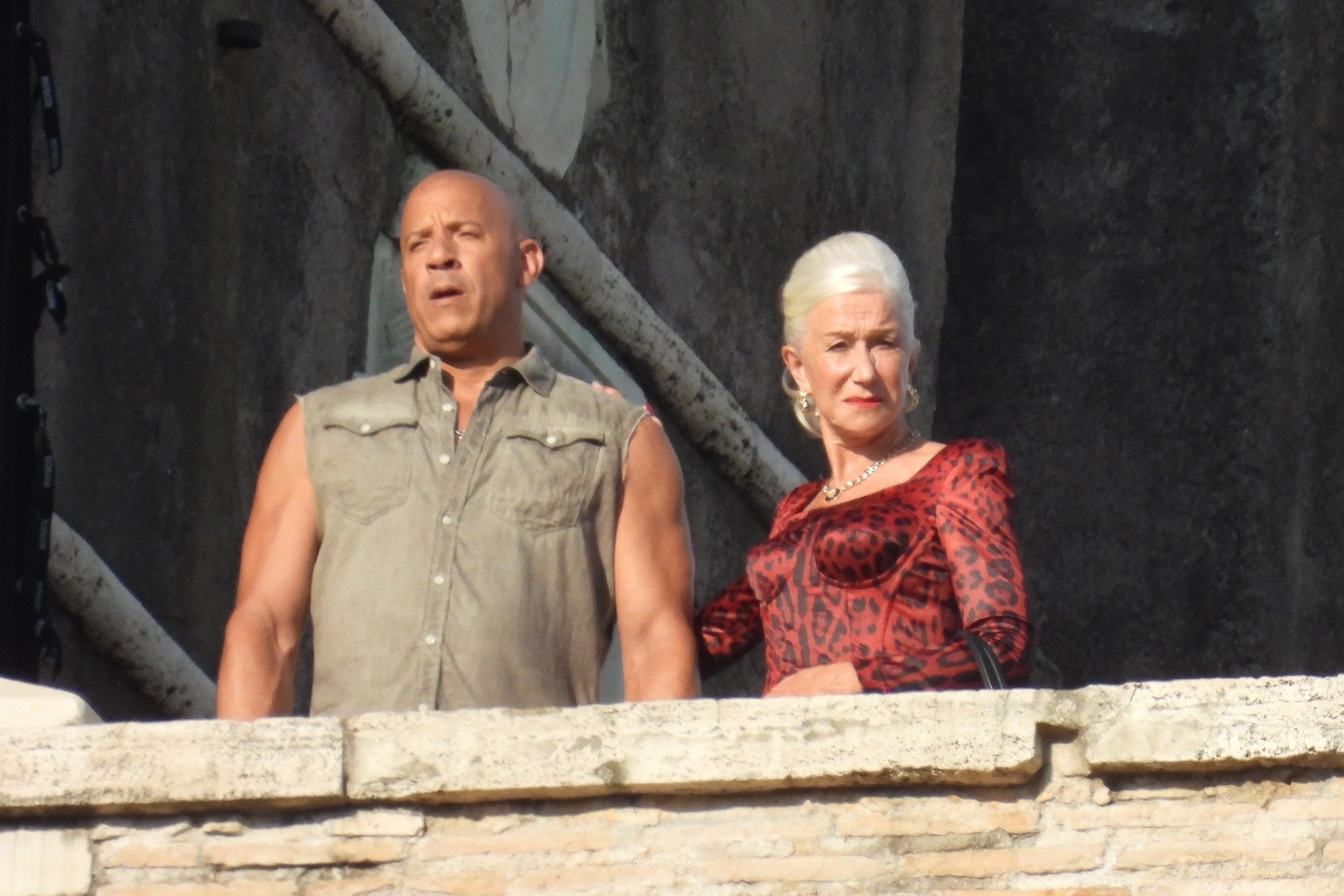 Vin Diesel and Helen Mirren are seen filming &quot;Fast X&quot; on July 18, 2022 in Rome, Italy