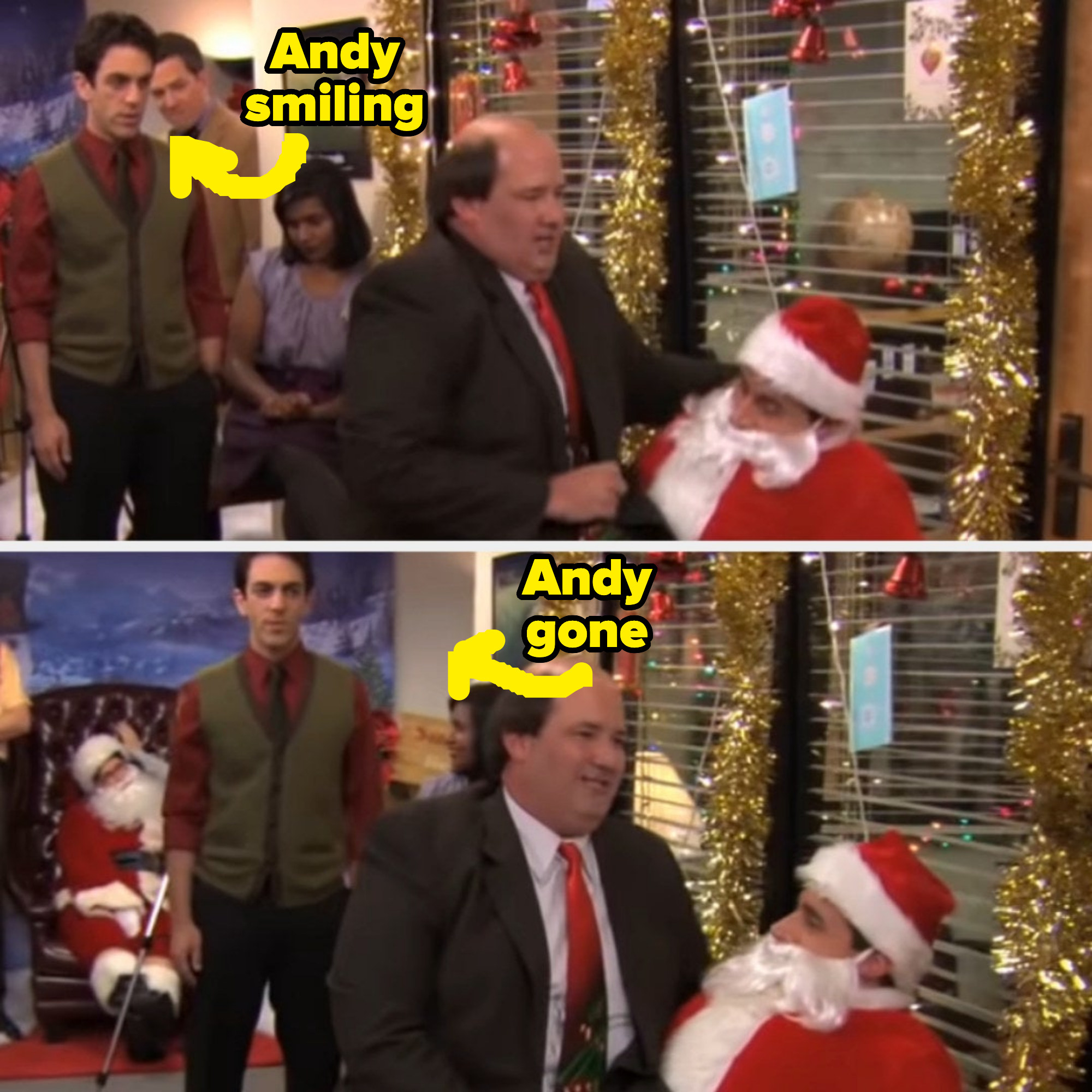Arrow pointing to Ed smiling as Brian Baumgartner as Kevin sits on &quot;Santa&#x27;s&quot; lap in one scene and then Ed is gone in next shot