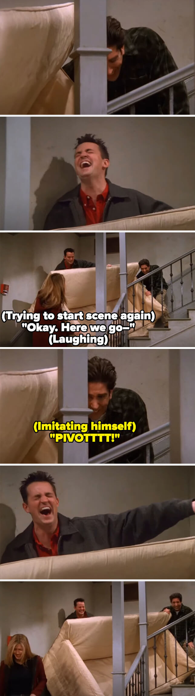 David, Matthew Perry, and Jennifer Aniston cracking up on the stairs