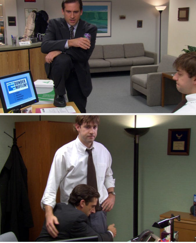 Steve putting his foot on the desk where John is sitting and then Steve hugging John