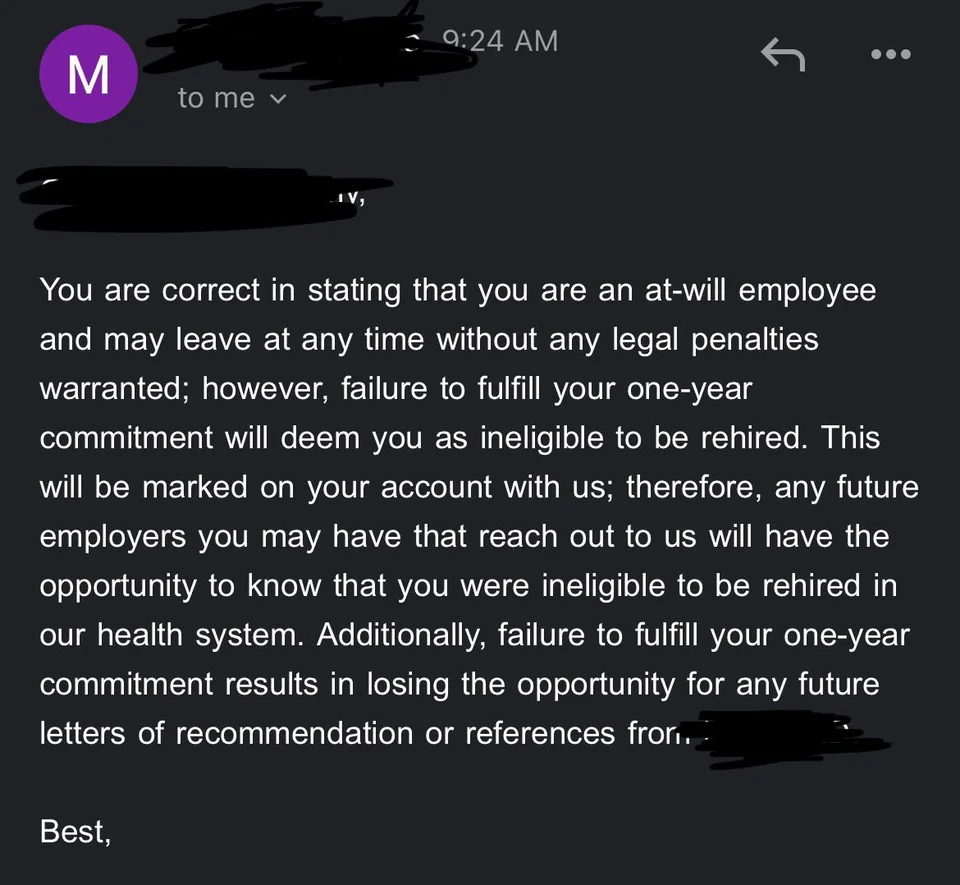 Email from employer explaining that the poster is correct about their legal status but would be marked ineligible for rehire, references, and recommendations