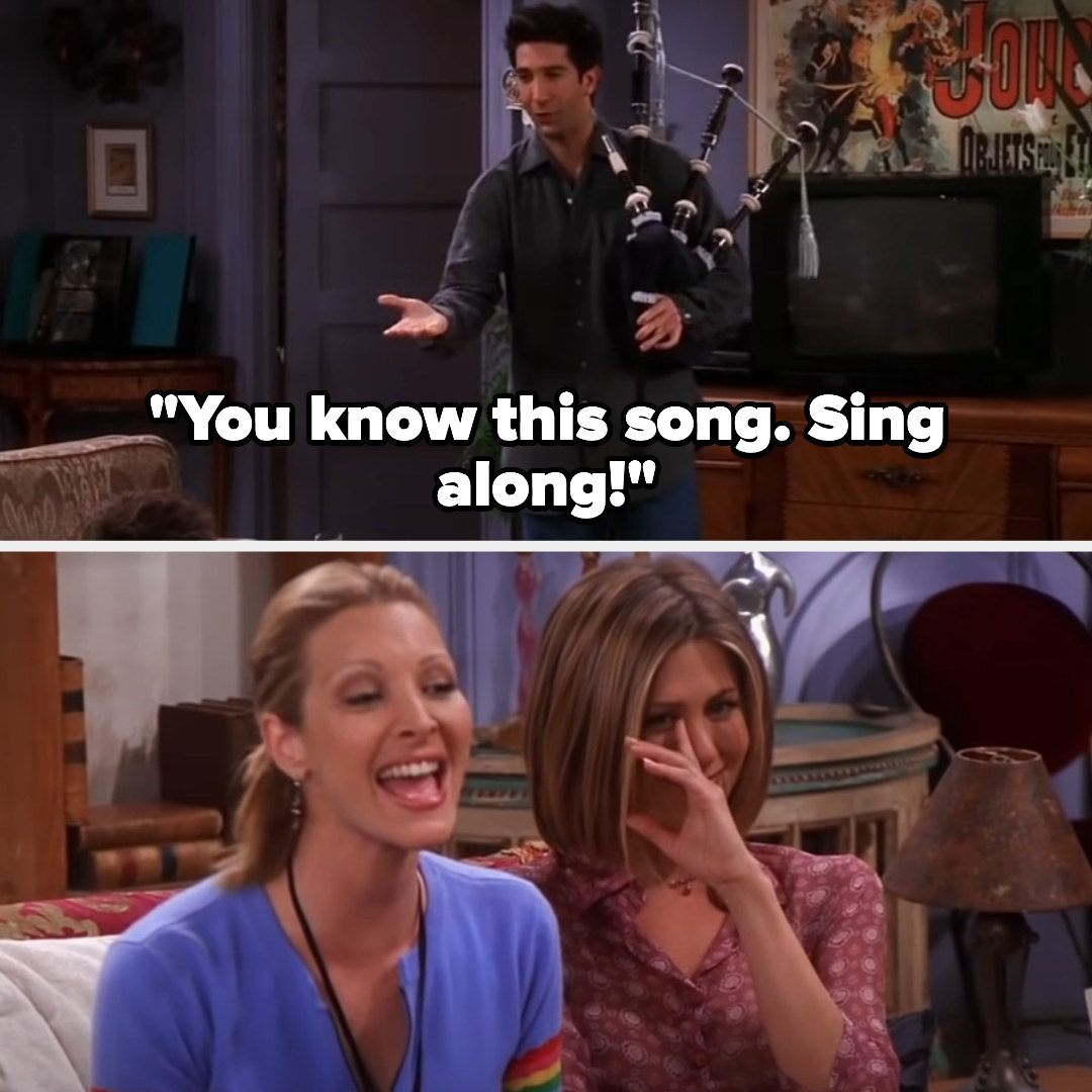 Ross tells them to sing along, and Jennifer laughs as she sits next to Lisa Kudrow as Phoebe