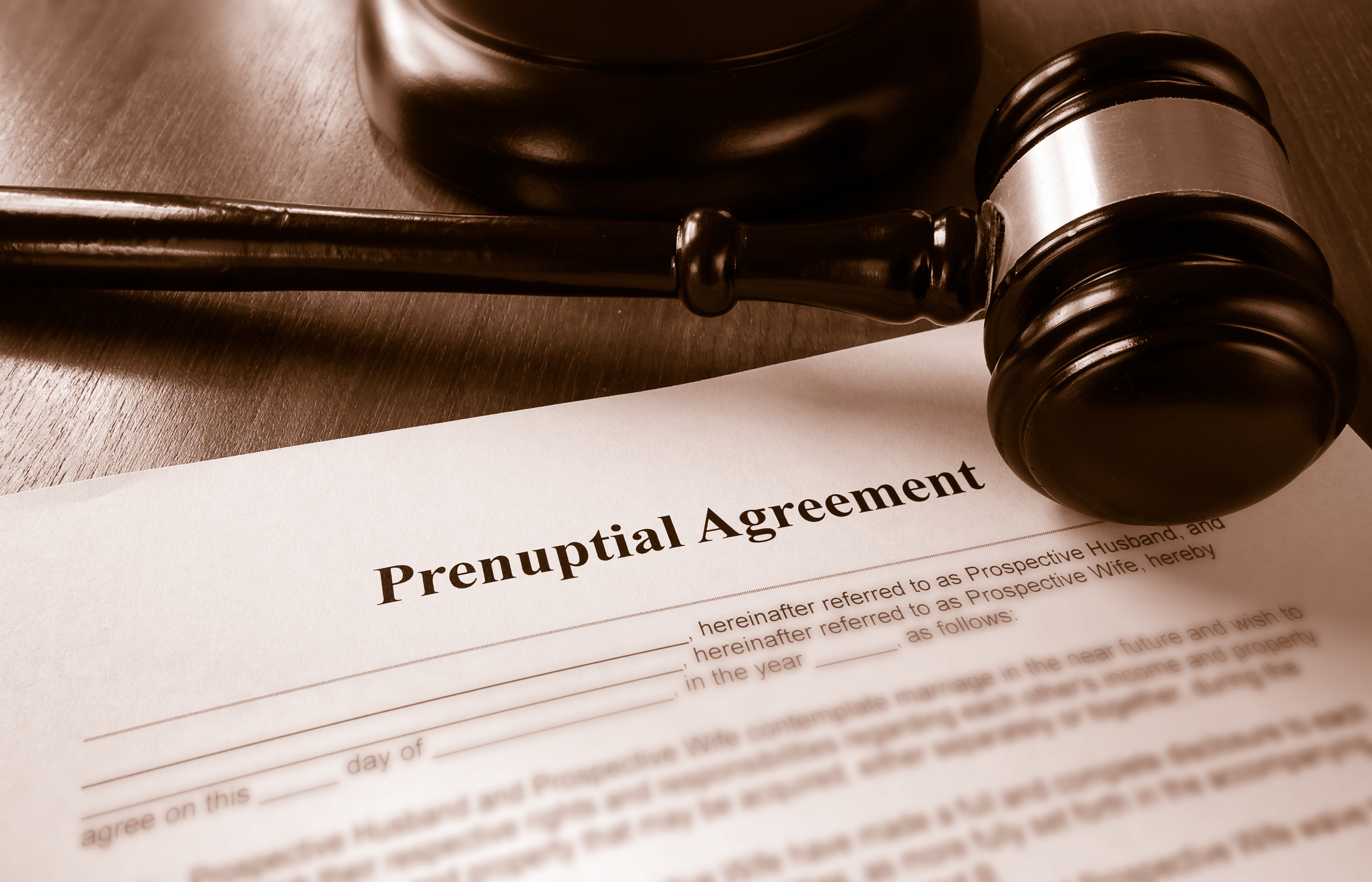 Prenuptial marriage agreement with a gavel