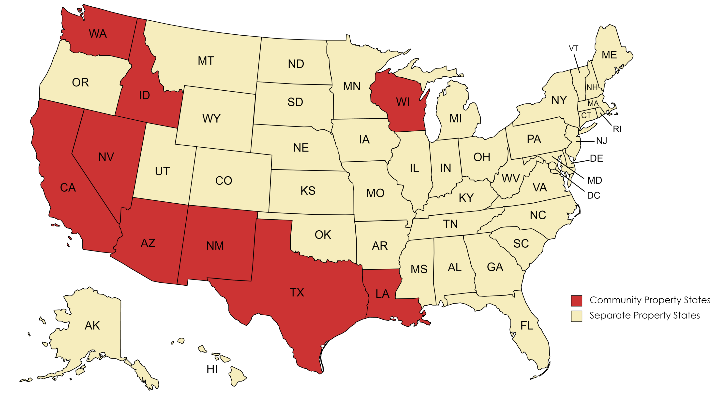 map of the US showing nine states color coded in red to depict community property states, including Washington, Idaho, Wisconsin, Nevada, California, Arizona, New Mexico, Texas and Louisiana