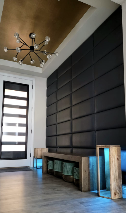 reviewer's entryway with black panels on one accent wall