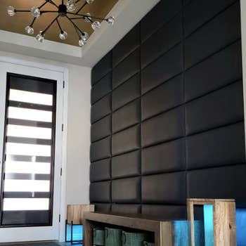 reviewer's entryway with black panels on one accent wall