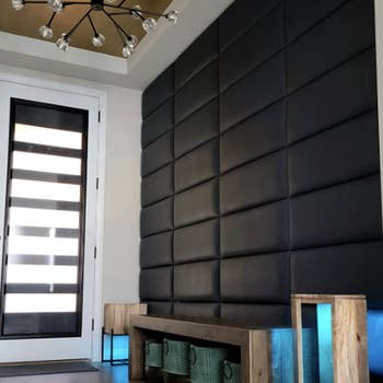 reviewer's entryway with black panels on one accent wall