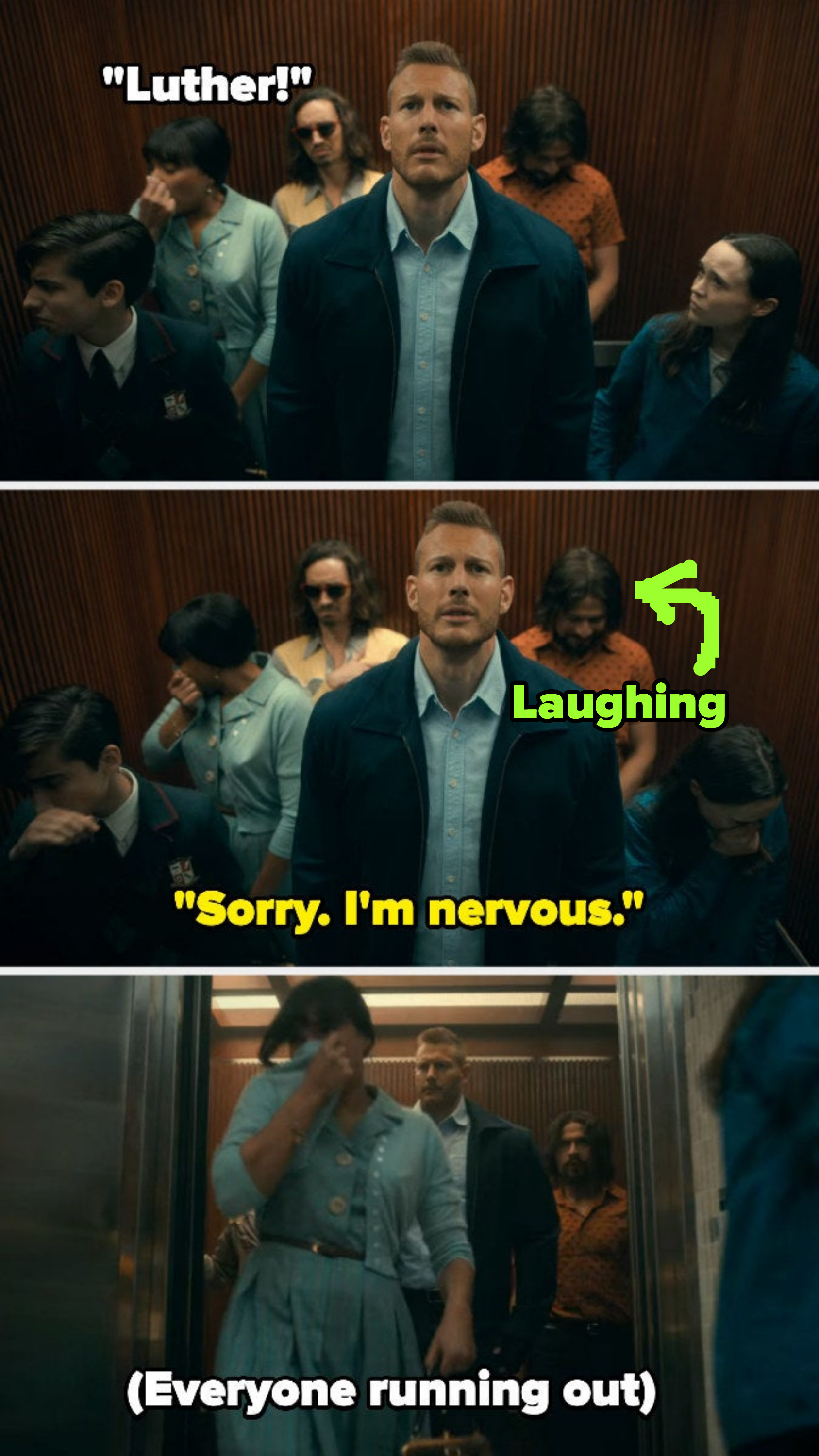 People in the elevator laughing and then running out after Luther says &quot;Sorry, I&#x27;m nervous&quot;