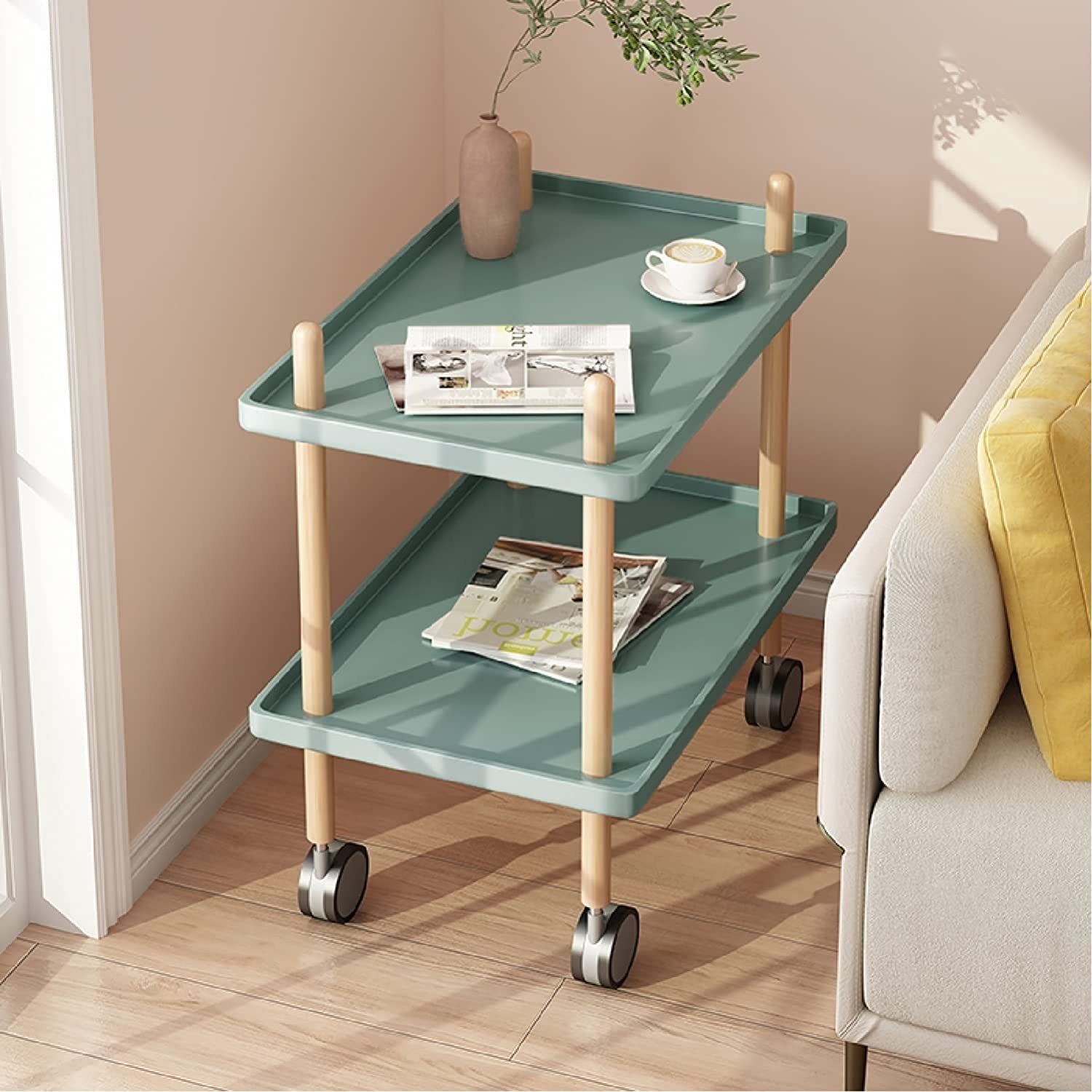 a trolley cart used as a side table in a living room