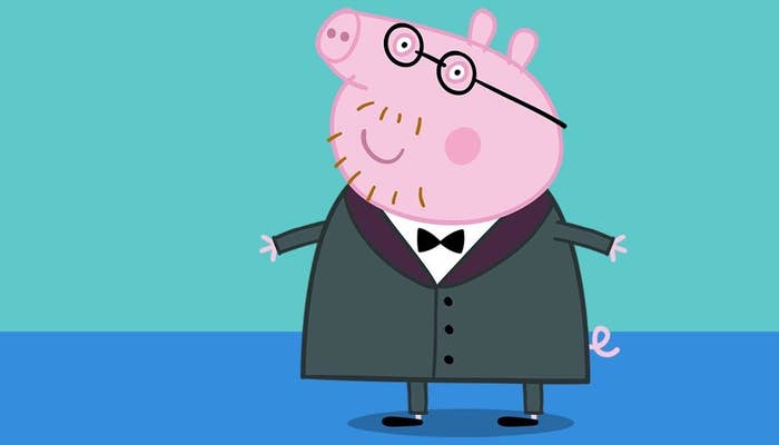 daddy pig wears round glasses and a three-piece suit