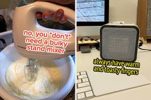 Reviewer using the white mixer "no you don't need a bulky stand mixer" / The space heater in white on a reviewer's desk "always have warm and toasty fingers"