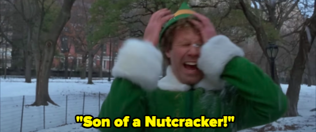 A man in an elf outfit shouting &quot;Son of a Nutcracker!&quot;