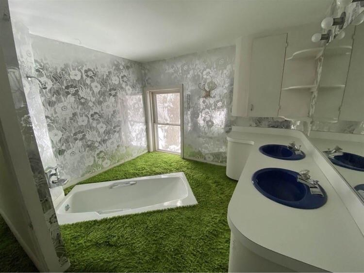 a bathroom that either has a sunken tub or a raised floor and shag carpeting