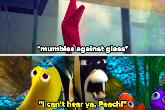 A starfish mumbles against the glass as a fish shouts “Can’t hear ya, Peach!”