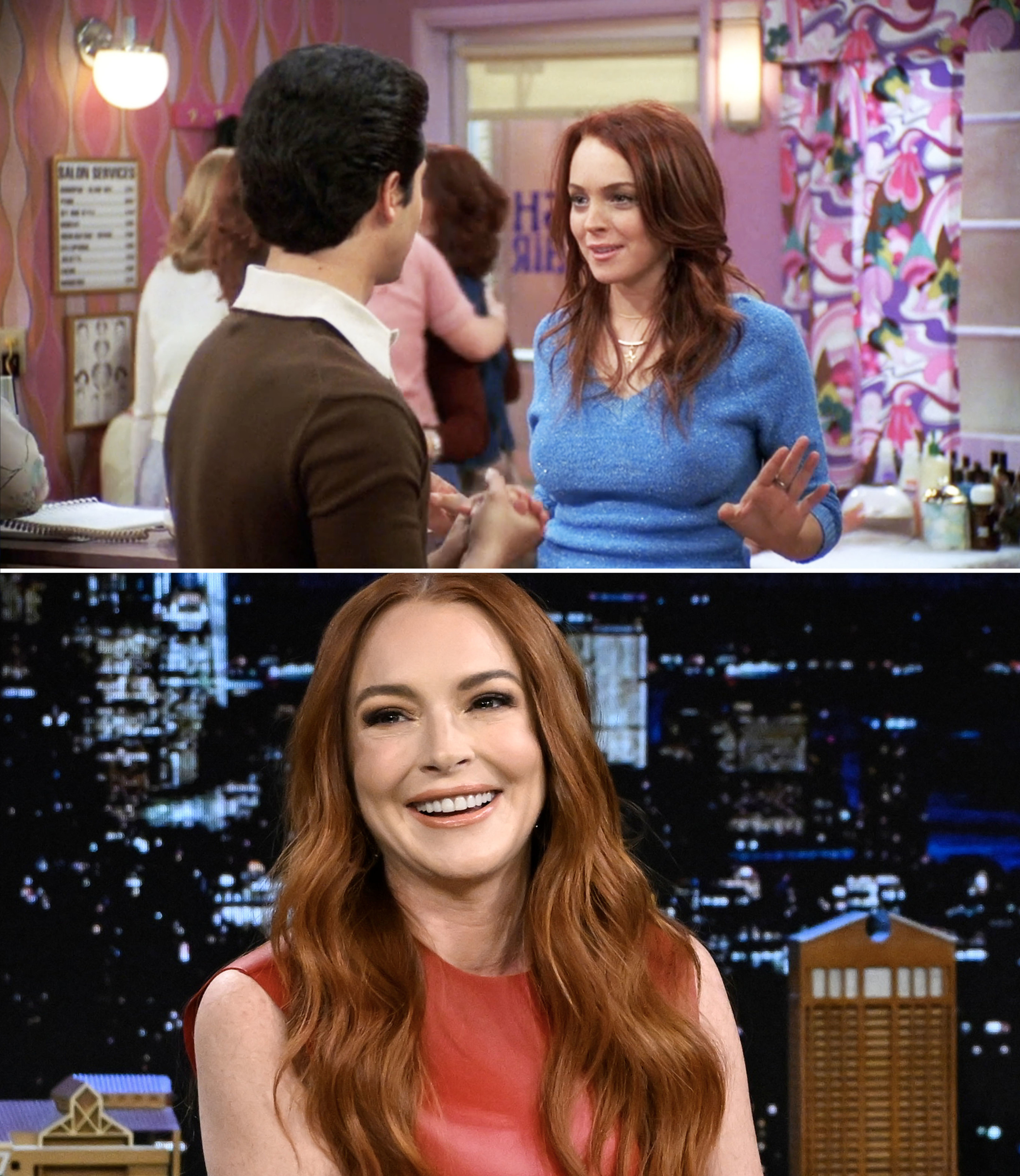 Danielle and Fez standing together, and Lindsay smiling on a talk show