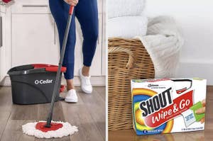 on left, model wiping floor with O-Cedar mop. on right, box of Shout Wipe & Go stain remover next to laundry basket filled with towels