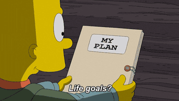 Cartoon character Bart Simpson opening a life goal file