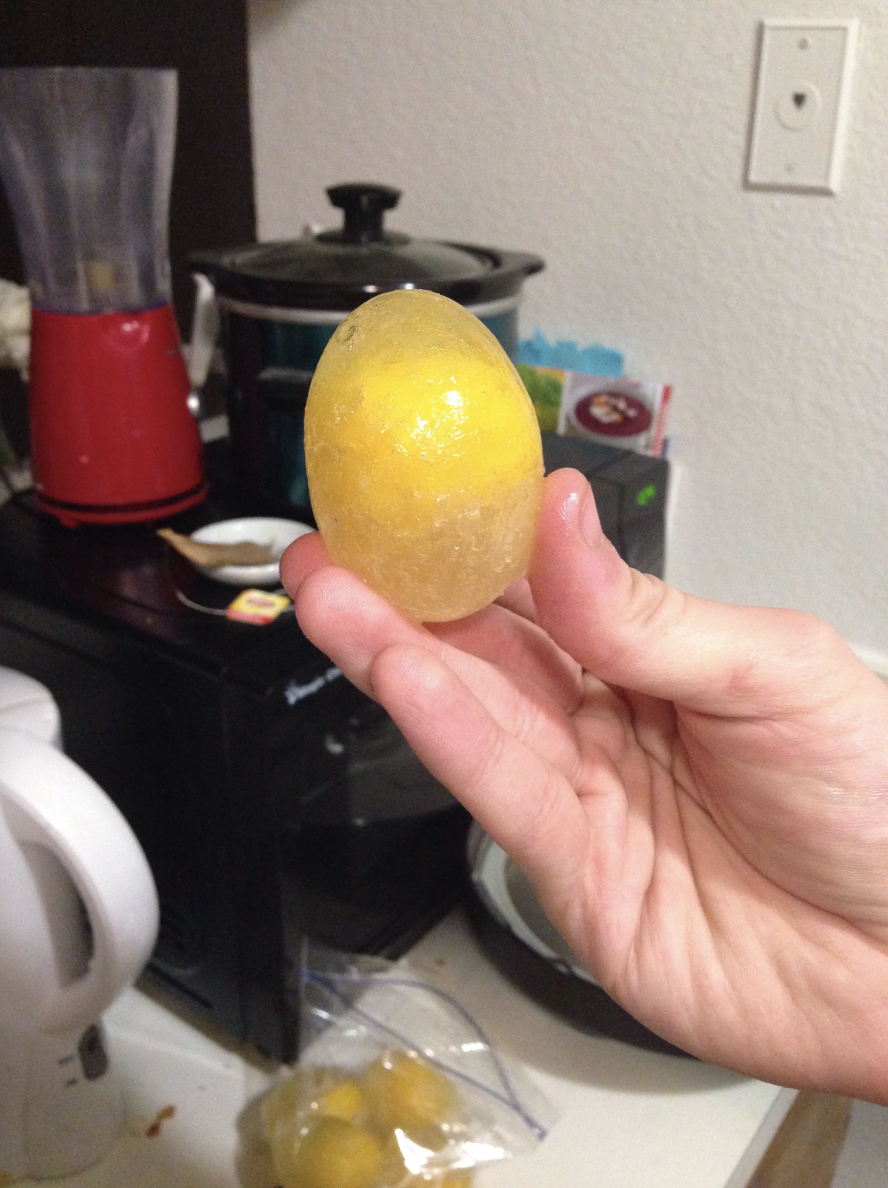 A frozen egg without a shell