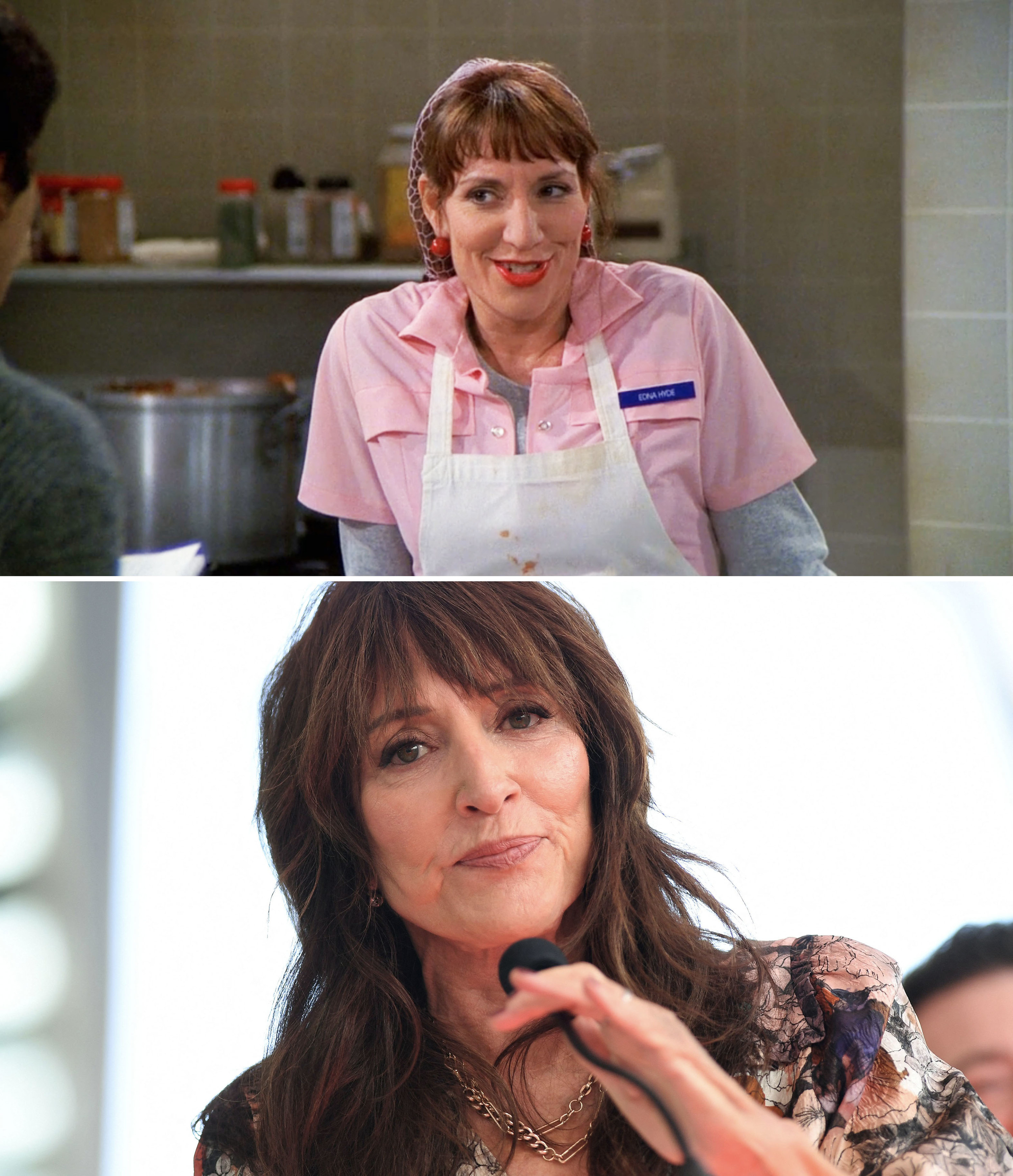 Katey as Edna wearing an apron and a close-up of Katey holding a microphone