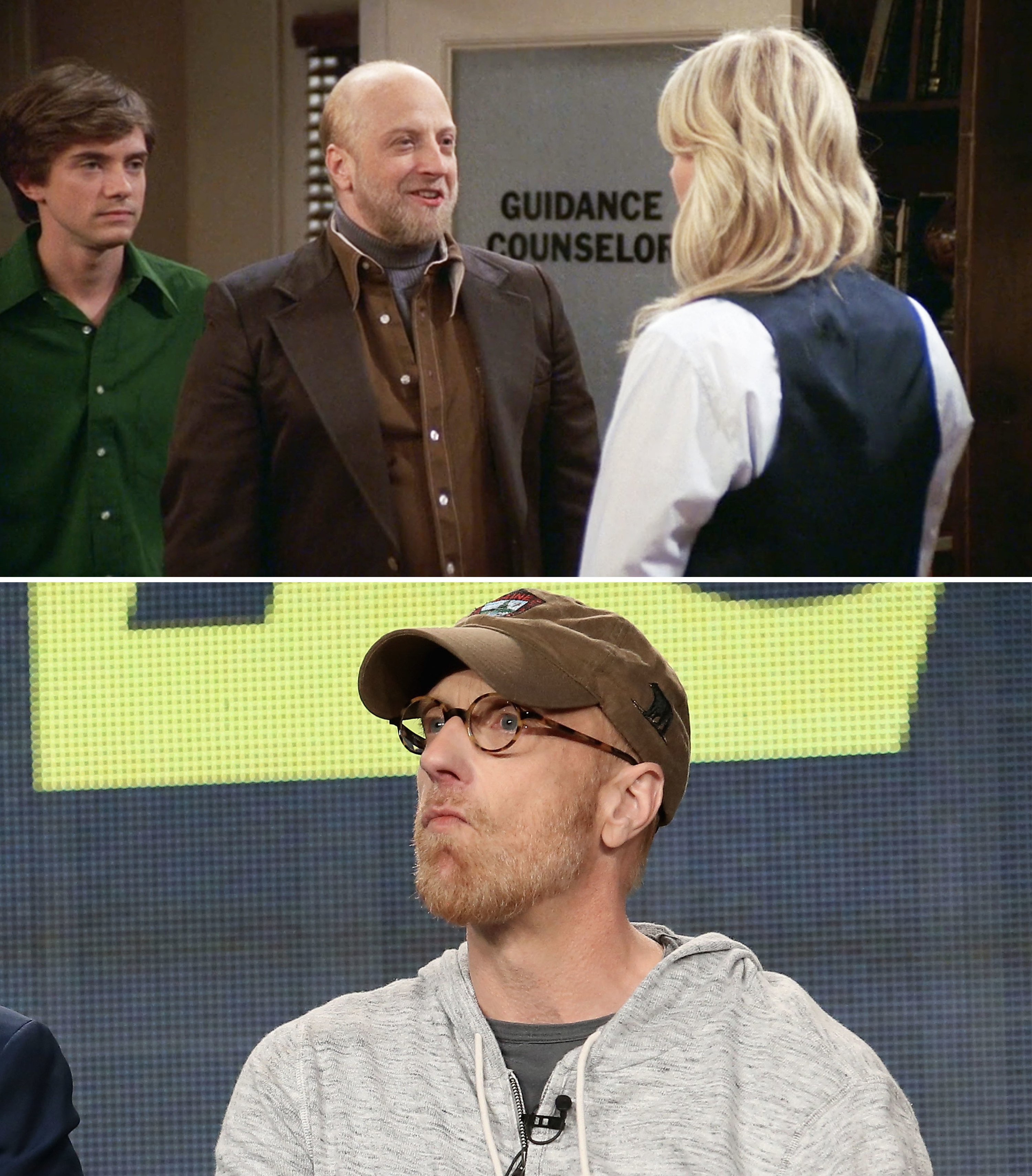 Chris as Mr. Bray and onstage in a cap and hoodie