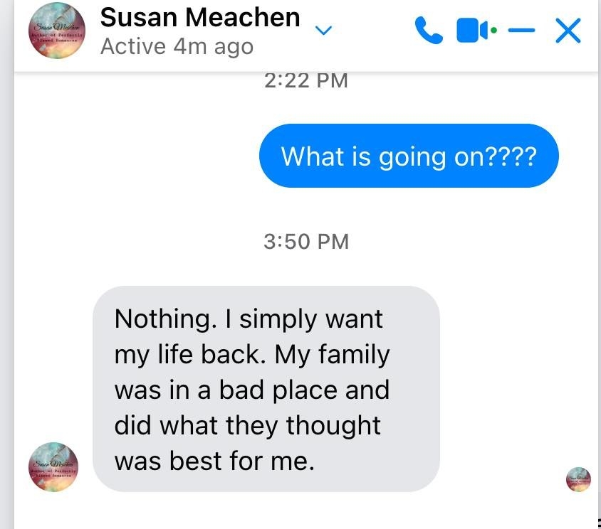 DM exchange between Samantha A. Cole and Susan Meachen
