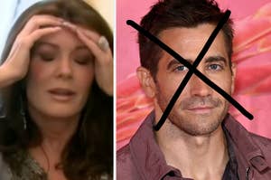 distressed woman next to jake gyllenhaal with an X over his face