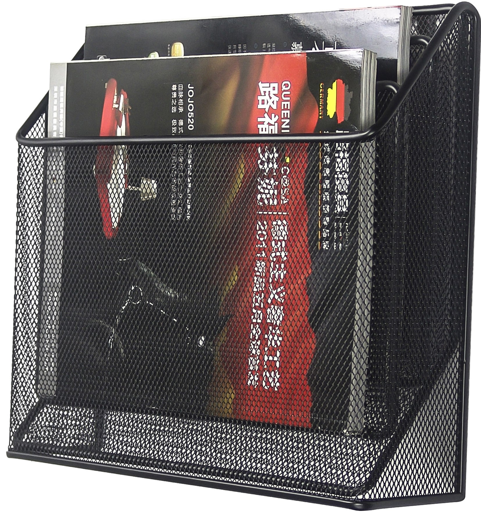 a black steel mesh desktop organizer containing a manual