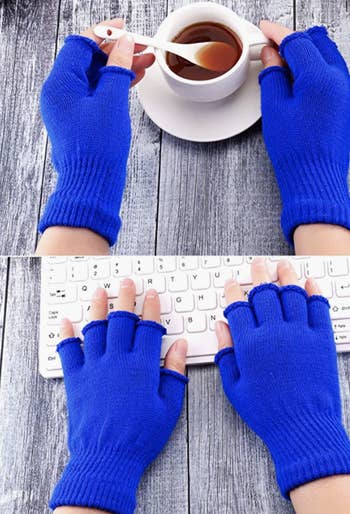 A model wearing the blue gloves  while stirring liqquid in a mug and typing on a keyboard
