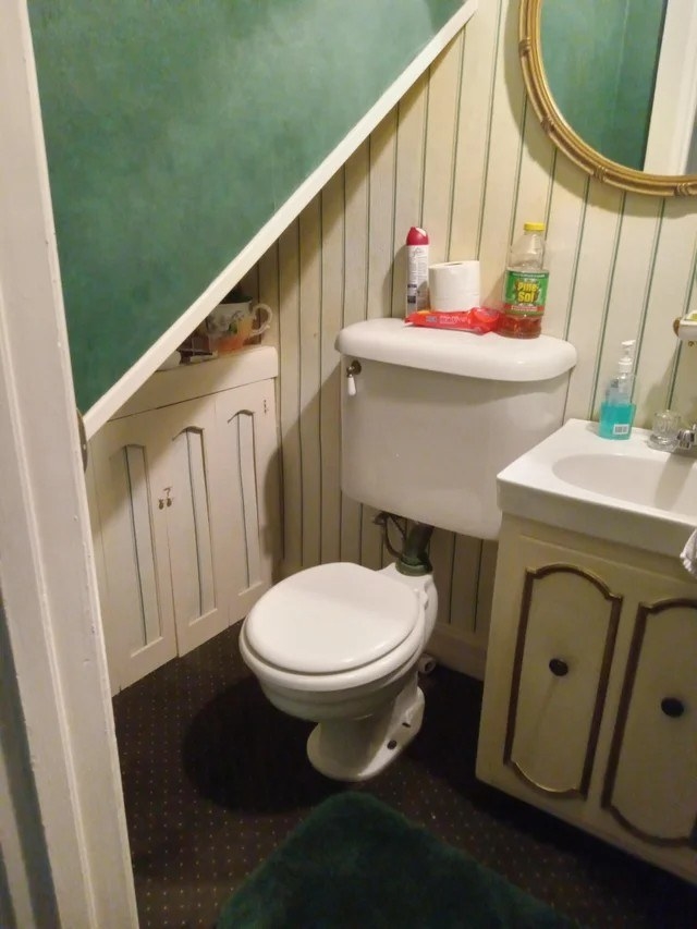 a toilet installed underneath a low and slanting carpeted ceiling