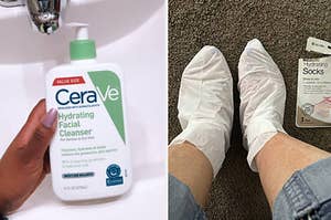 Reviewer holding their CeraVe hydrating facial cleanser and reviewer's feet in hydrating foot mask 