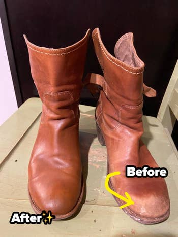 a reviewer shows before/after of leather boots