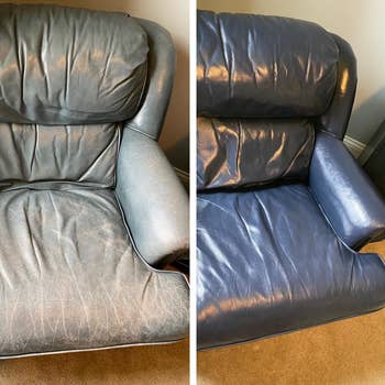 a reviewer's leather chair with the blue repair on