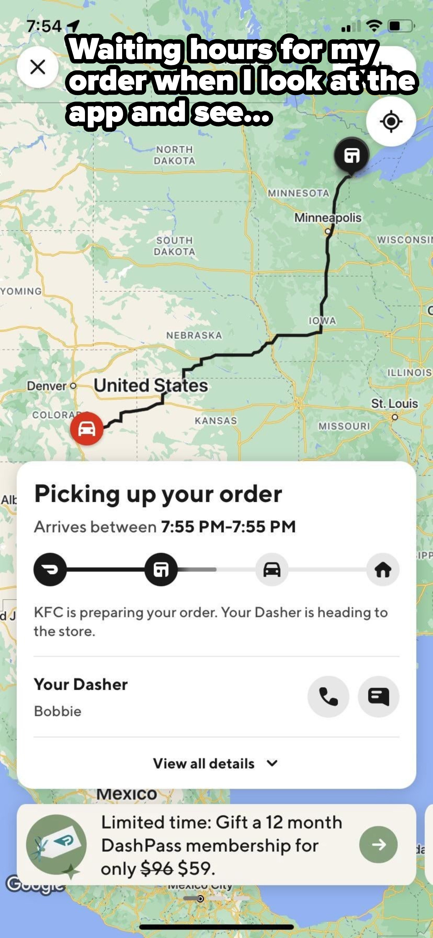 KFC app shows delivery going from Colorado to Minnesota