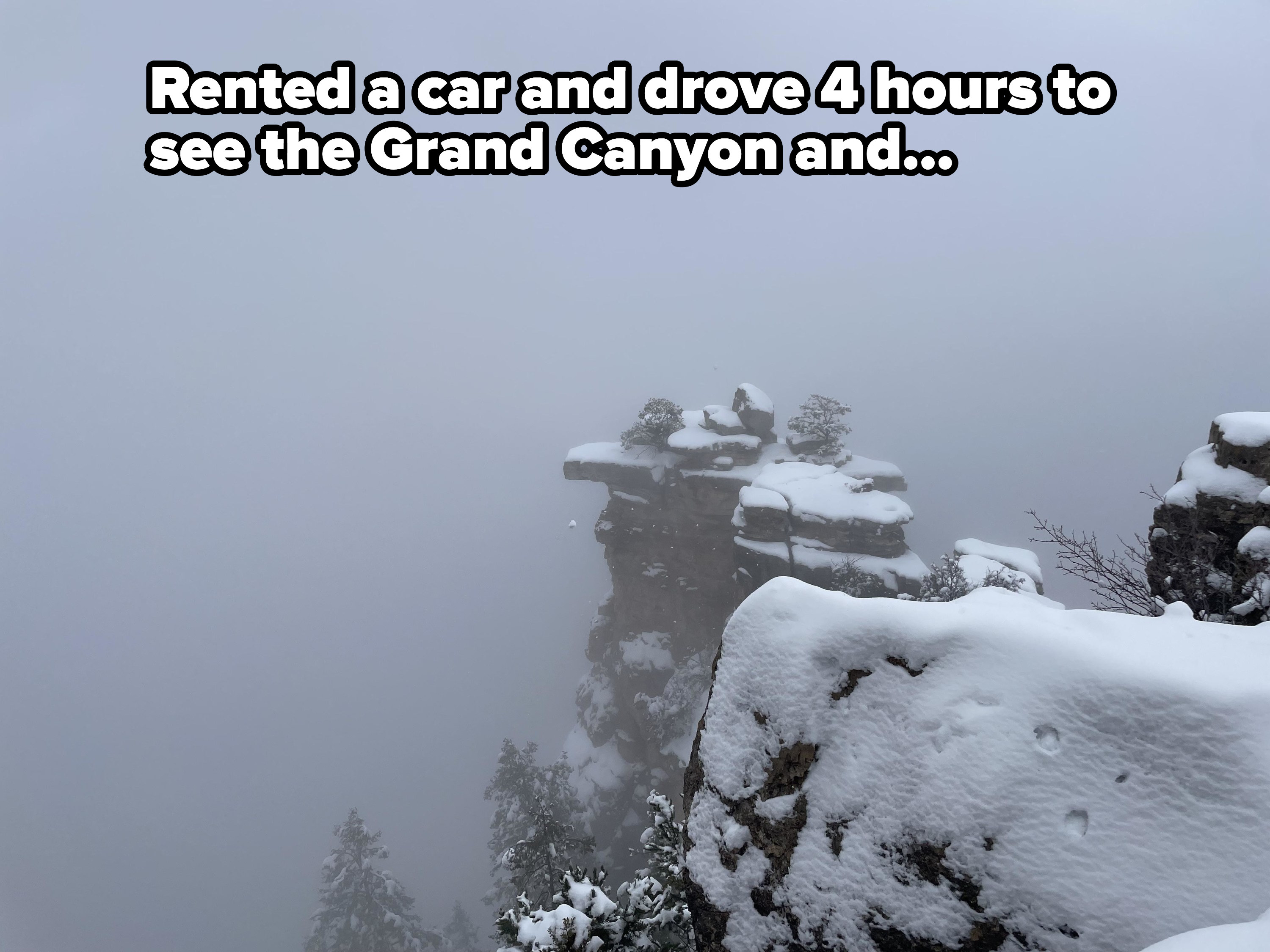 Snow on the side of a mountain and a huge expanse of fog, with caption, &quot;Drove 4 hours to see the Grand Canyon&quot;