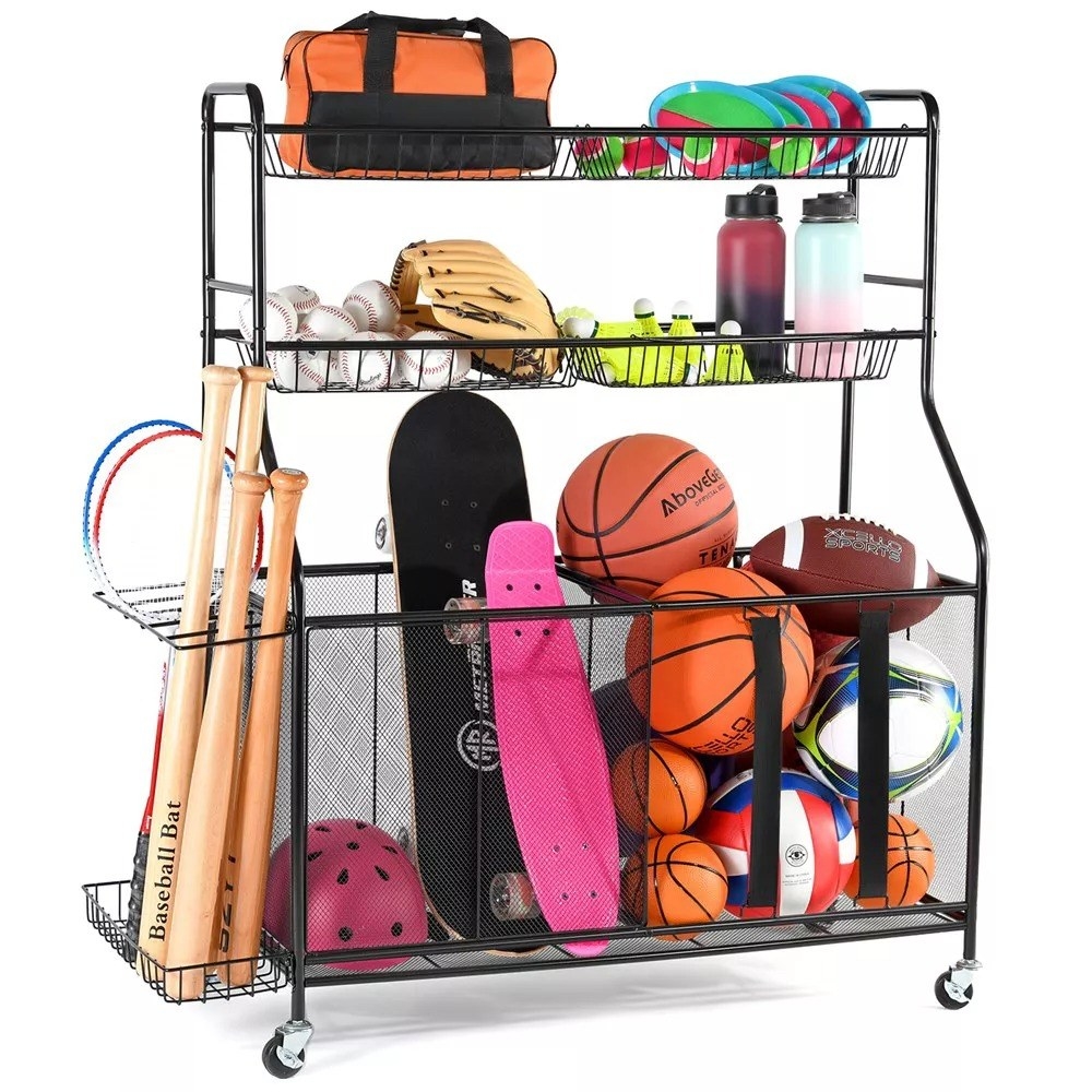 the organizer with different sports equipment and toys in it