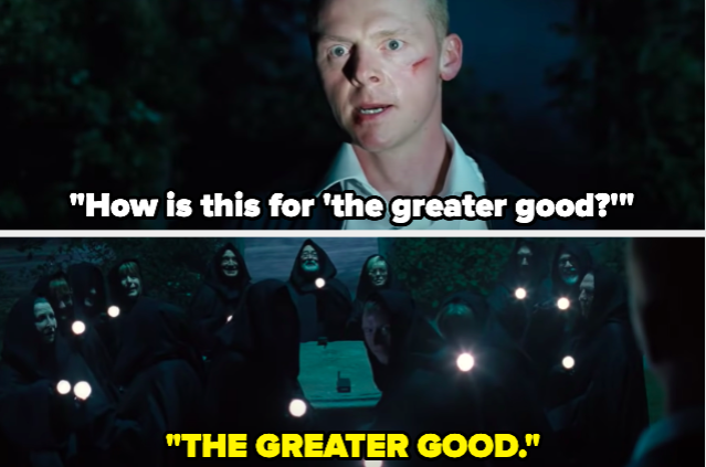 A man asking &quot;How is this for the greater good?&quot; and a group replying &quot;THE GREATER GOOD&quot; in unison