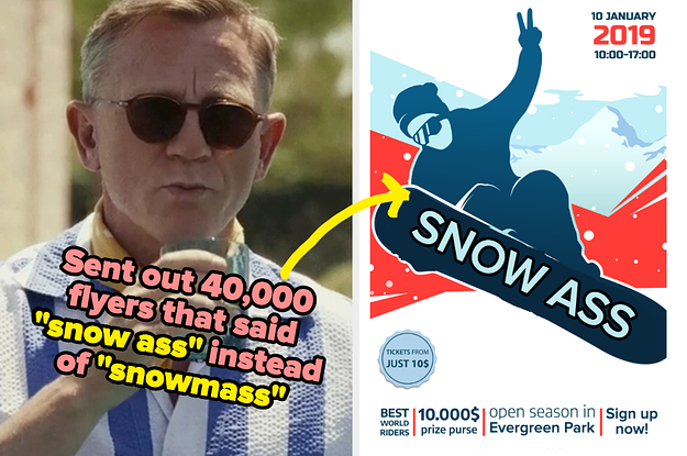 Benoit Blanc looking confused, a skiing flyer for "Snow ass" and the text "sent out 40,000 flyers that said "snow ass" instead of "snowmass"