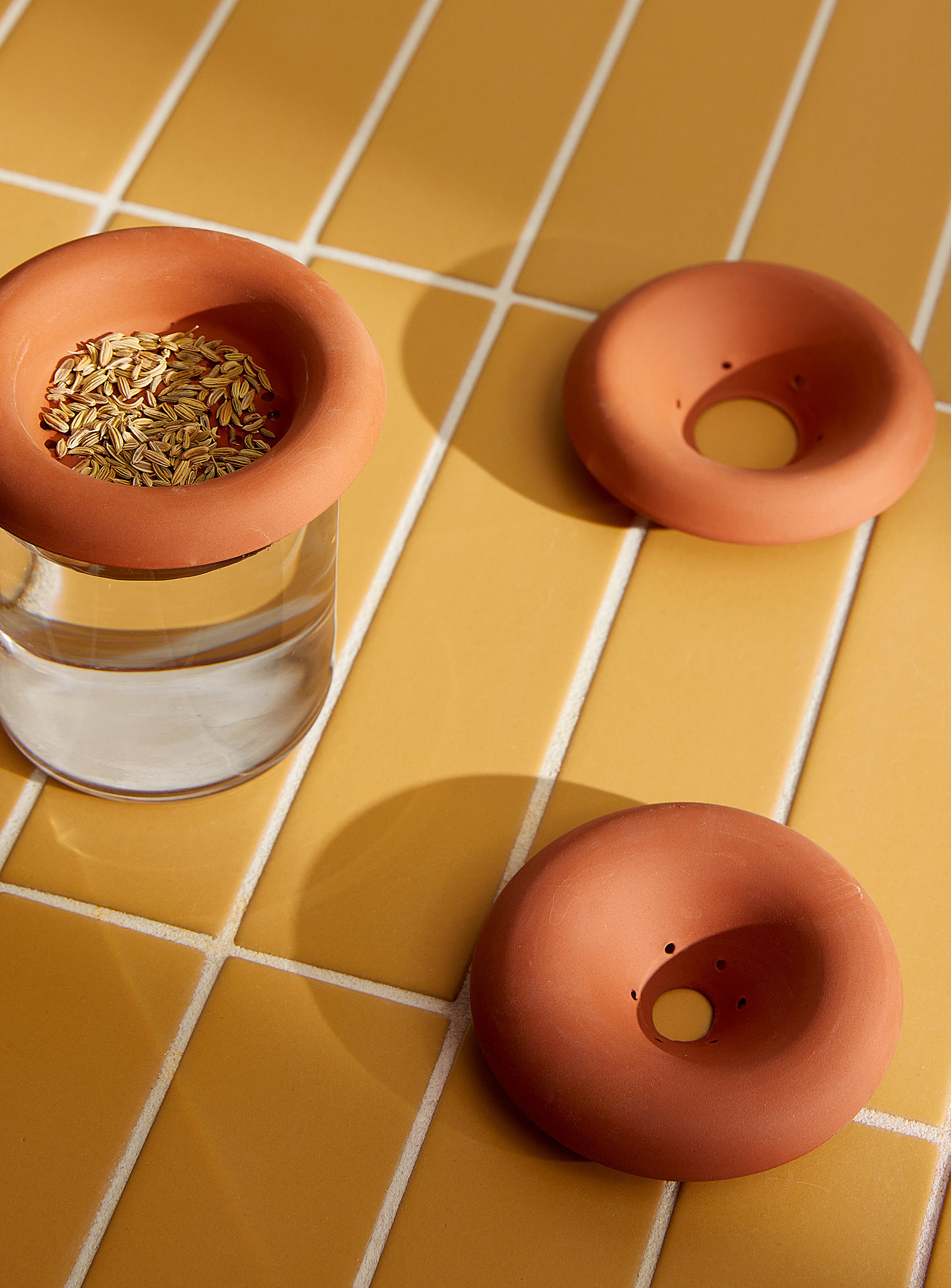 a trio of circular terracotta seed trays