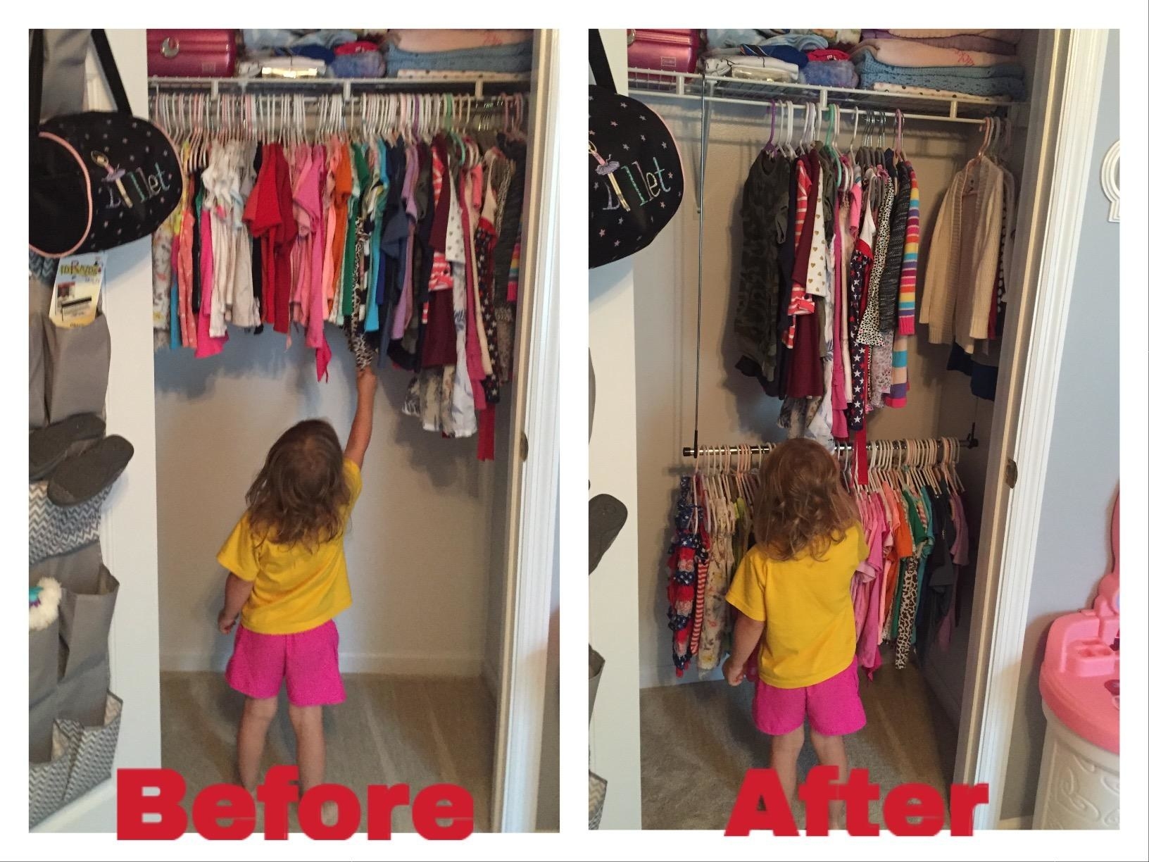 A child is shown reaching for clothing in the closet