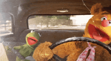 kermit and fozzie bear driving a car