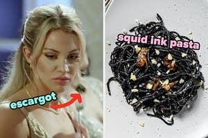 On the left, someone eating escargot, and on the right, some squid ink pasta