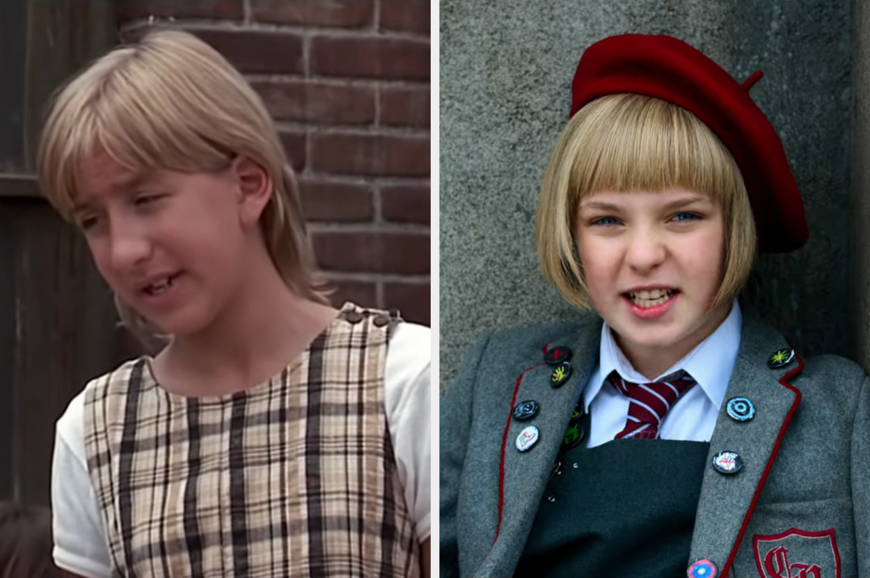 1996 character in a plaid dress and 2022 character with a bangs and a beret over a short bob wearing a school uniform