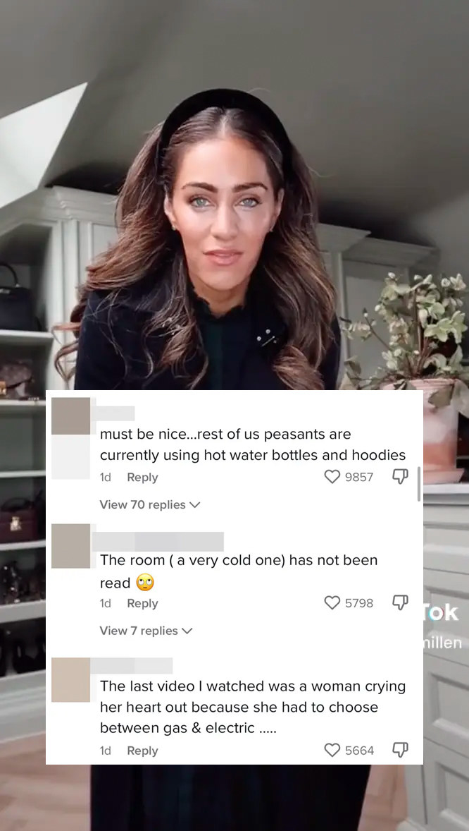 A screenshot of a well-dressed women in a walk-in closet, covered with a screenshot of negative comments over the top, including &quot;must be nice... rest of us peasants are currently using hot water bottles and hoodies&quot;