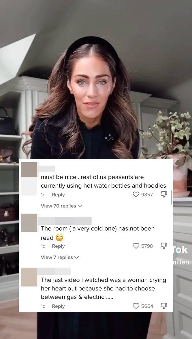 A screenshot of a well-dressed women successful  a walk-in closet, covered with a screenshot of antagonistic  comments implicit    the top, including "must beryllium  nice... remainder  of america  peasants are presently  utilizing blistery  h2o  bottles and hoodies"
