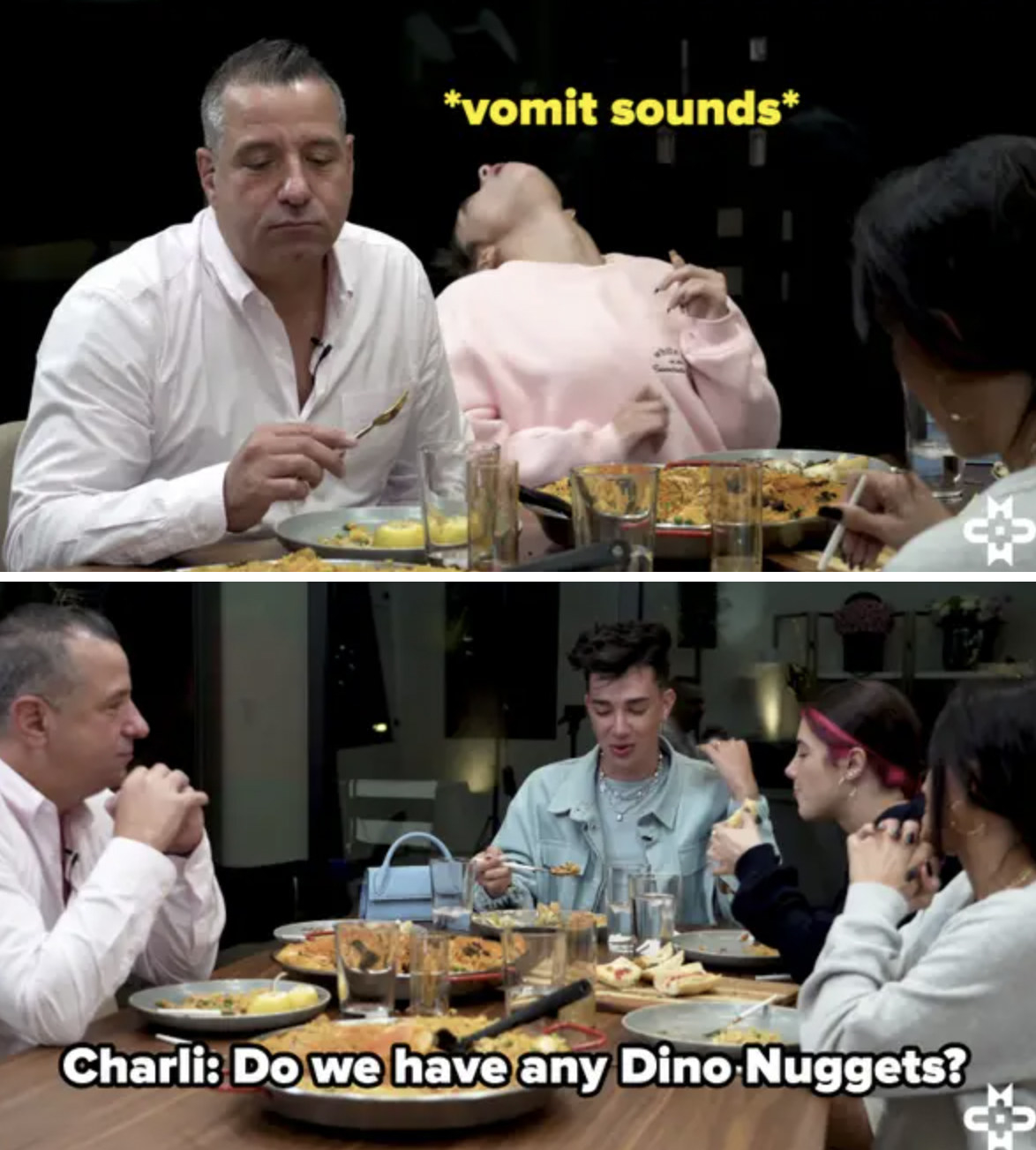 The D&#x27;Amelios sitting around a dinner table with James Charles, Dixie is throwing her head back making vomit noises, and a caption reads &quot;Charli: Do we have any Dino Nuggets?&quot;